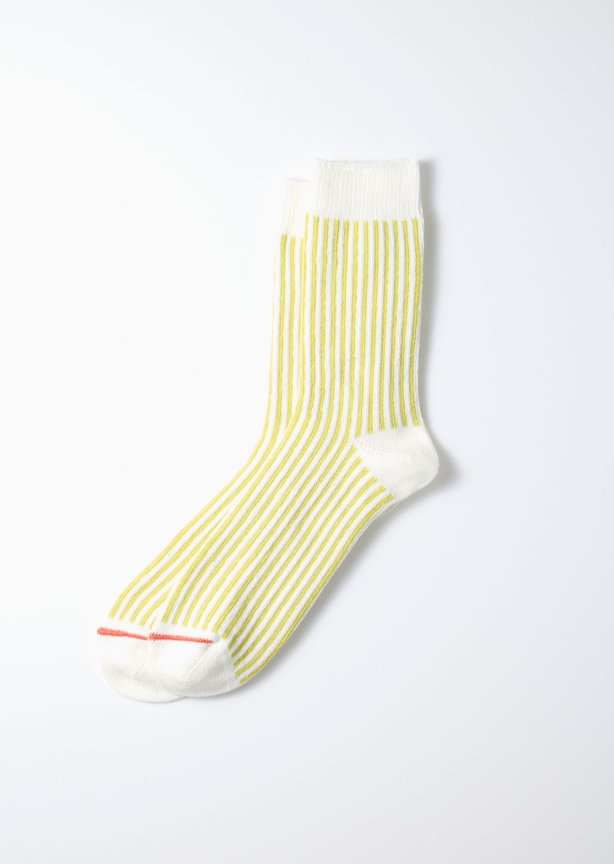 Lime and white vertical stripe socks with a ribbed texture and a small red stitch at the toe.