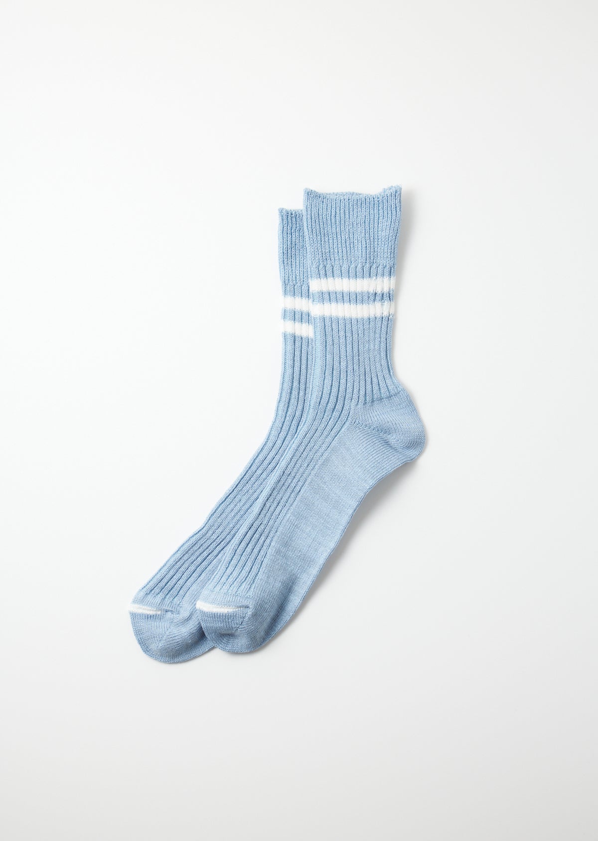 Morning Blue and white striped Hemp Organic Cotton socks, ribbed, lying flat.