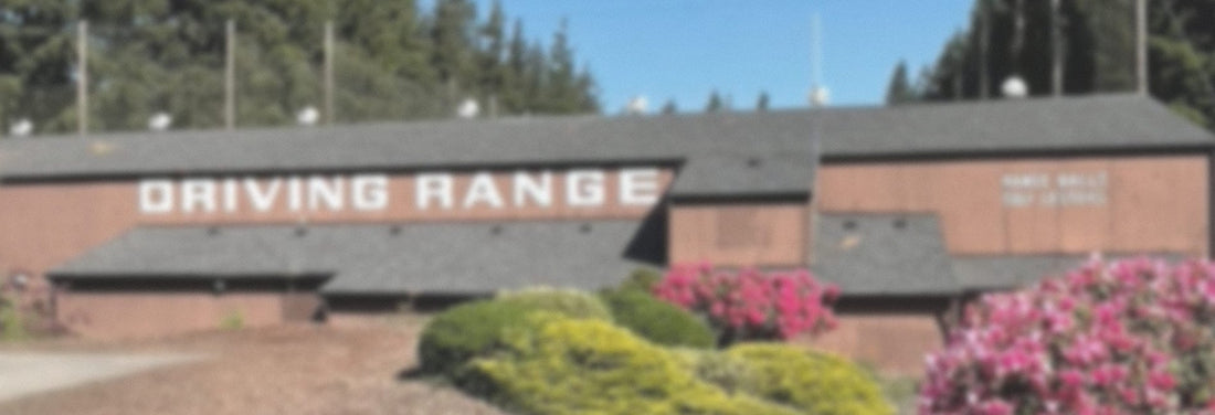 Brick building with "DRIVING RANGE" sign, vibrant pink flowers, and green shrubs under a clear blue sky.
