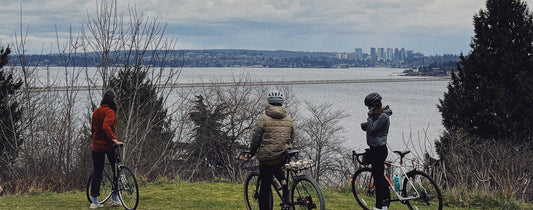 Three cyclists pause on a grassy hill at Seward Park, gazing at the Seattle skyline across the water, embodying mindful disconnection.