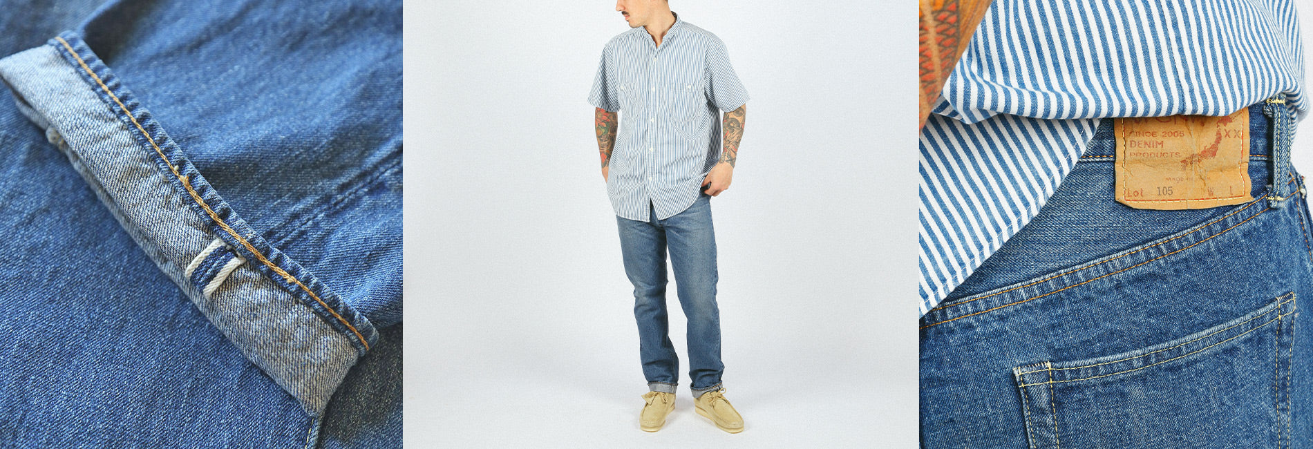 Crafted denim and striped shirts in classic blue tones, showcasing premium workwear style and timeless craftsmanship.