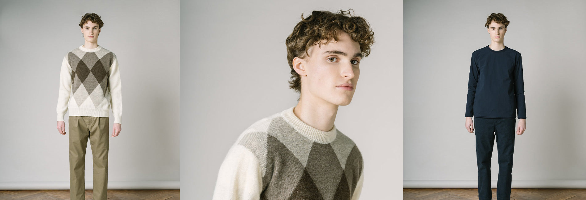 Three photos of a model wearing Kestin FW21 clothes including an argyle type sweater and long sleeve blue sweatshirt.