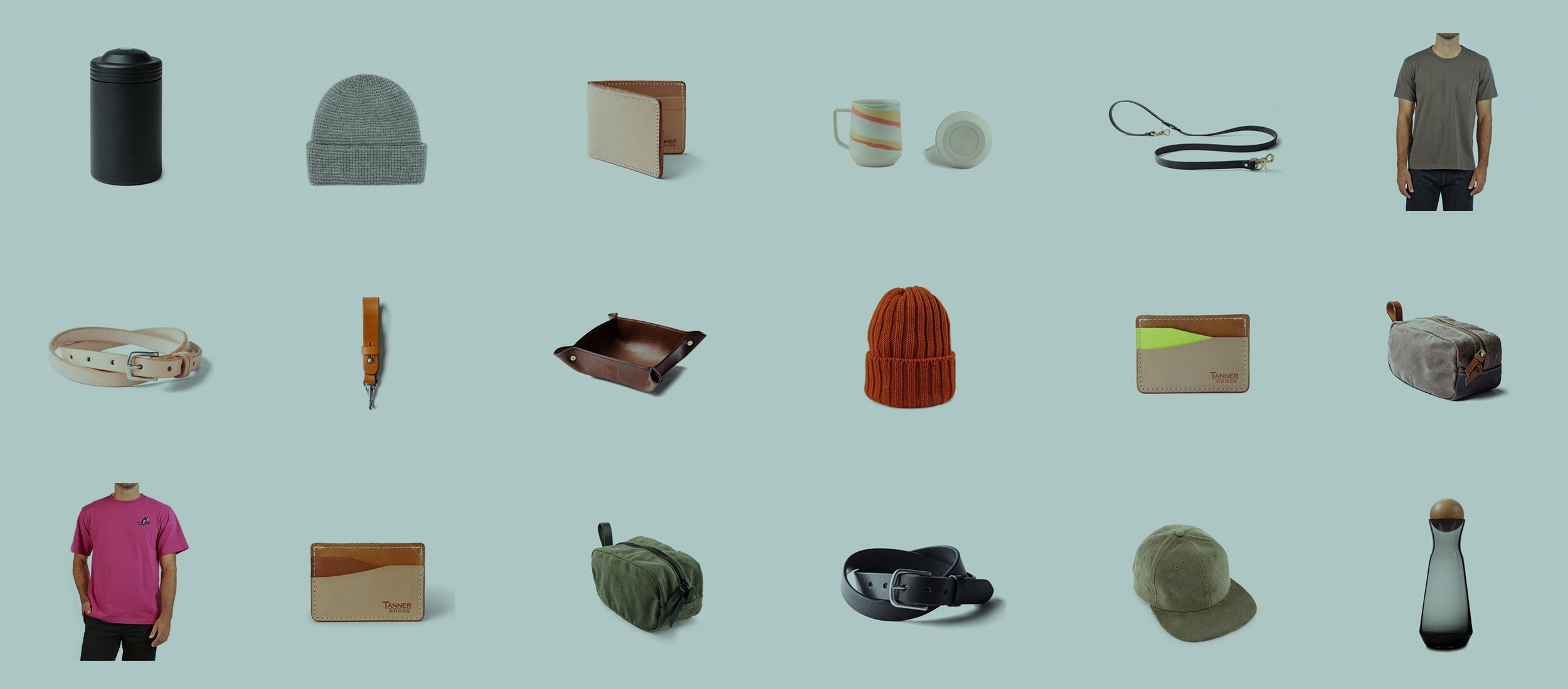 Stylish $50–$100 gifts: leather wallets, knit hats, belts, mugs, and apparel in earthy tones and modern designs.