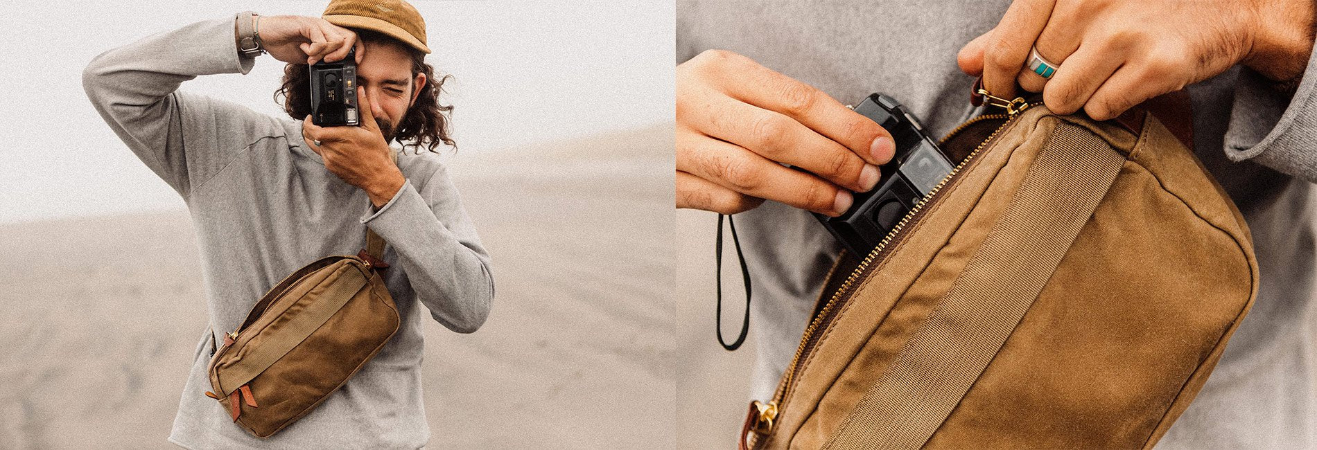 Tan canvas crossbody bag with gold hardware, worn by a man with camera, desert backdrop, minimalist adventure style.