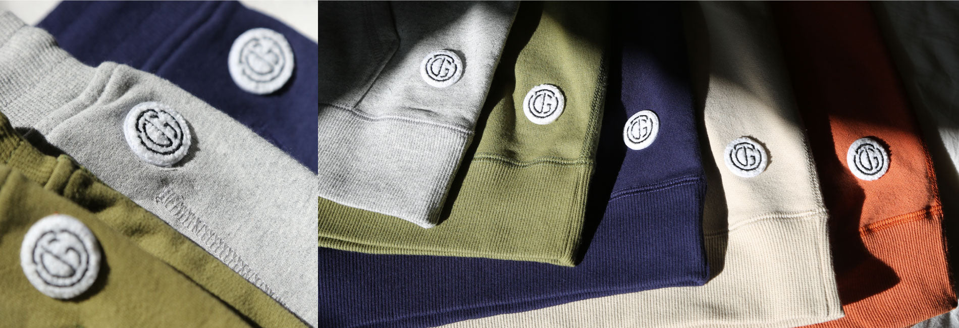 Soft, cozy sweatshirts in earthy tones with embroidered logo buttons—perfect for relaxed home comfort.