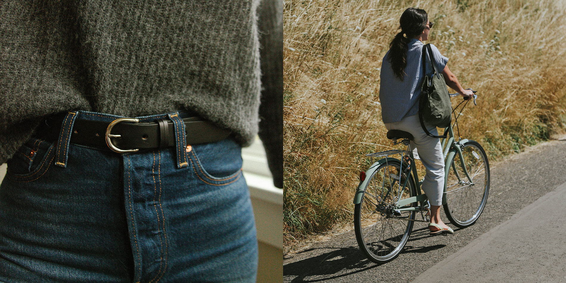 two images side by side. Image on left shows the midsection of a woman wearing belted jeans. Image on right shows a woman riding a bicycle on a country road