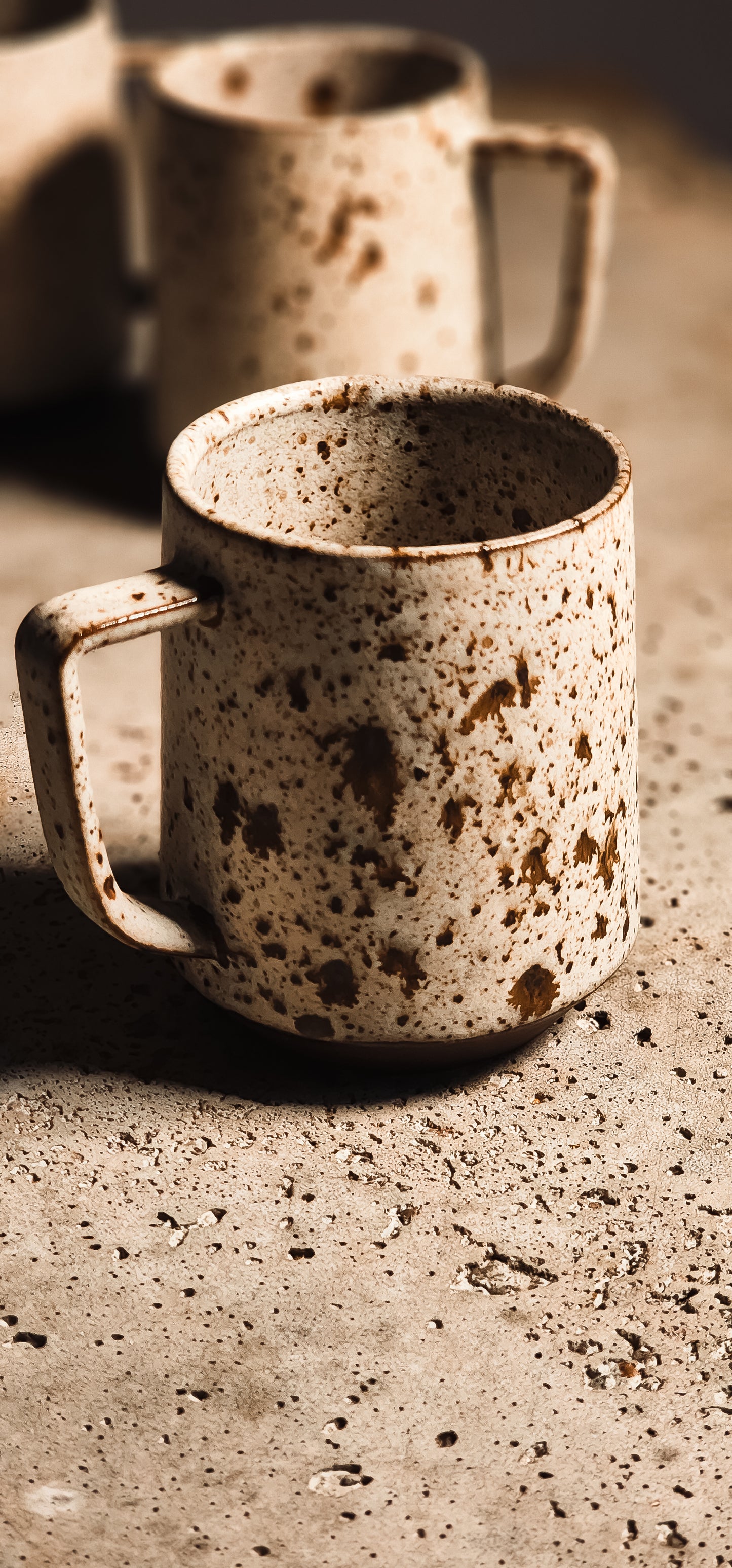 Standard Mug in speckled beige ceramic with a rustic texture and a simple handle.