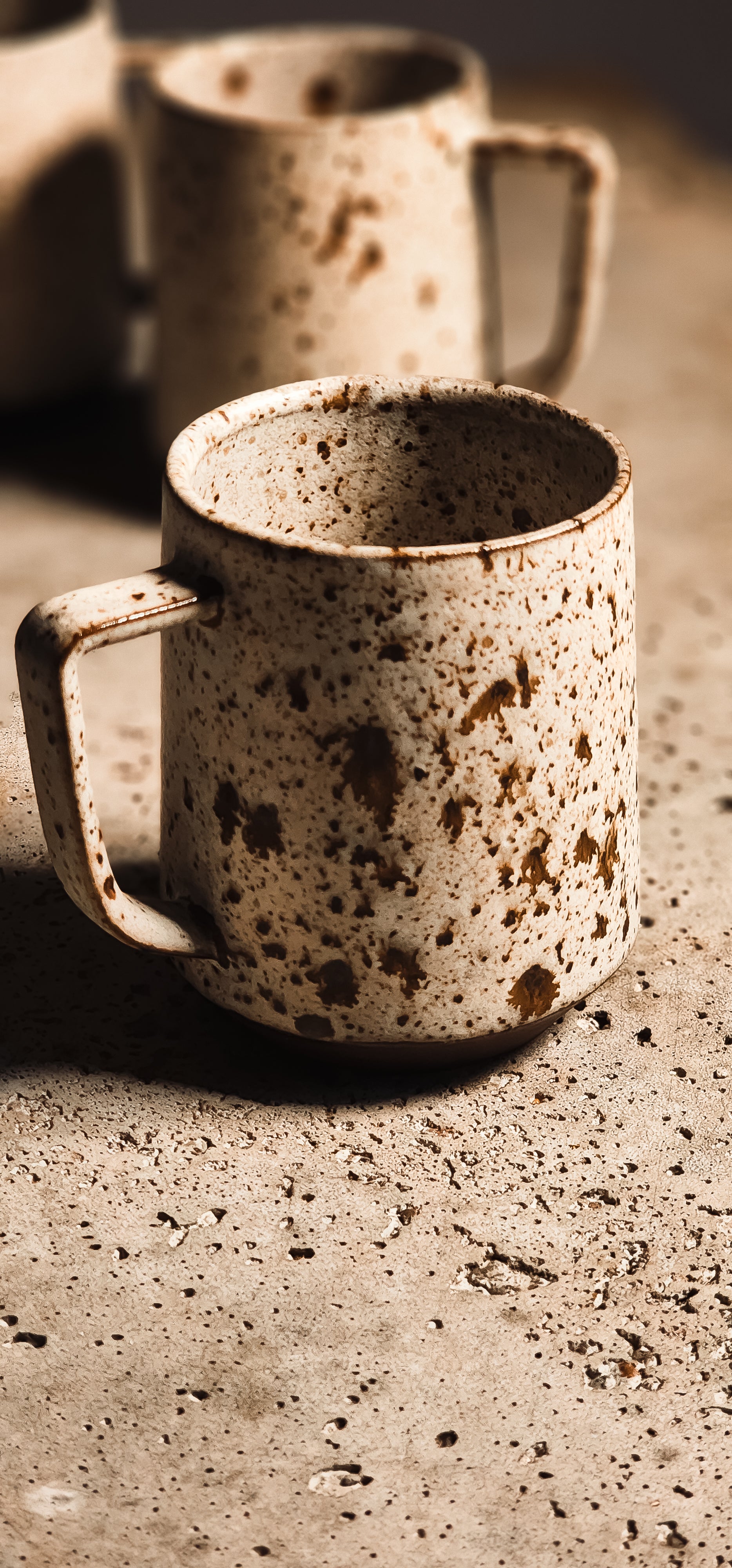 Standard Mug in speckled beige ceramic with a rustic texture and a simple handle.