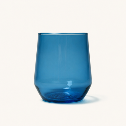 Blue stemless wine glass with embossed base, front view, clear glass material, smooth finish