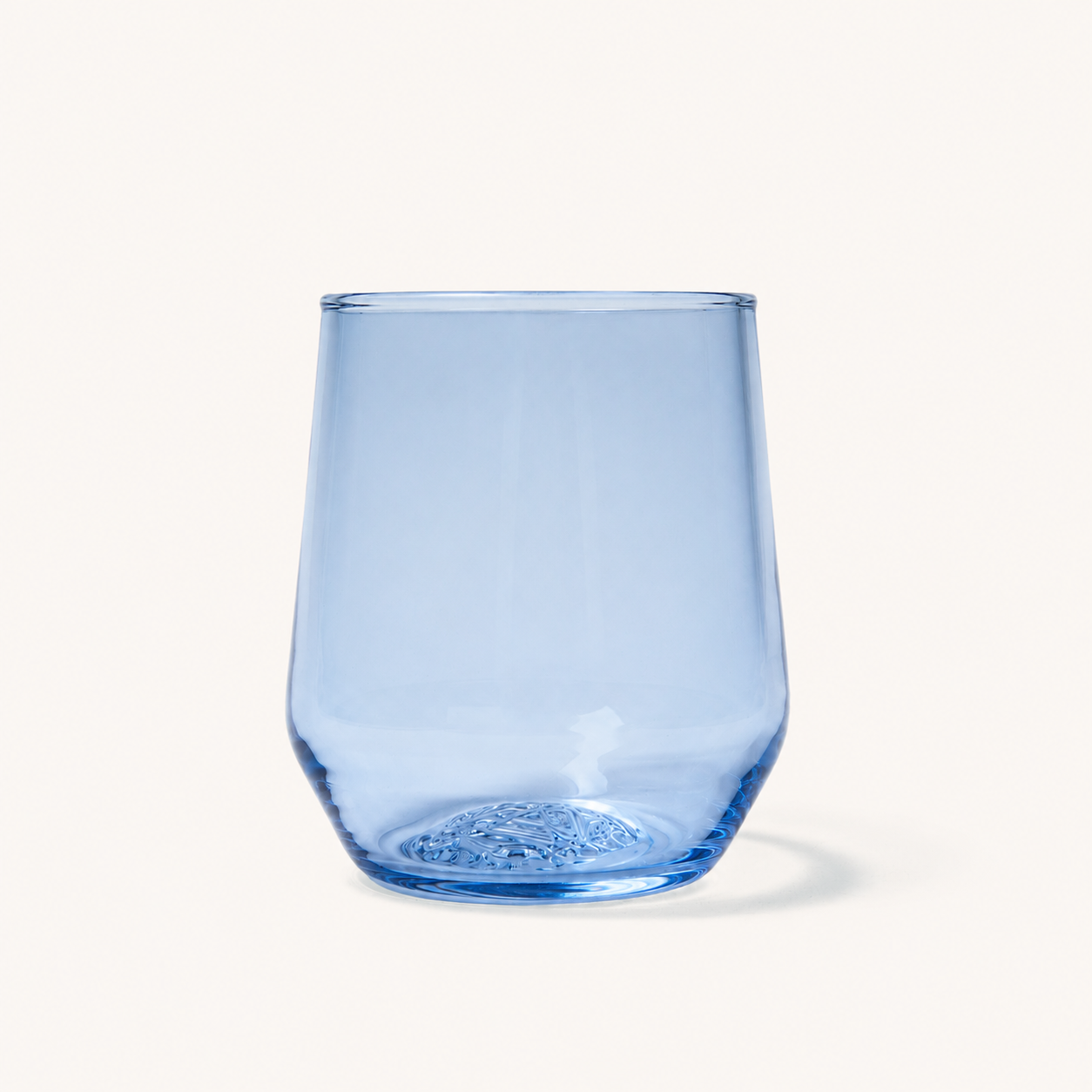 Light blue stemless wine glass with textured base, front view, clear glass material, subtle swirl pattern at bottom