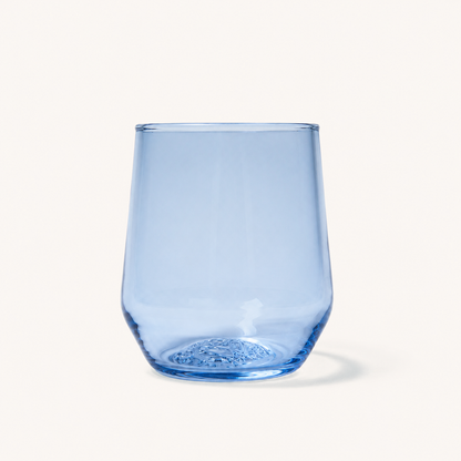 Light blue stemless wine glass with textured base, front view, clear glass material, subtle swirl pattern at bottom