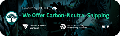 Dark green banner with tree icon and text: "We Offer Carbon-Neutral Shipping" powered by ROUTE, with Verified Carbon Standard and Climate, Community & Biodiversity Standards logos.