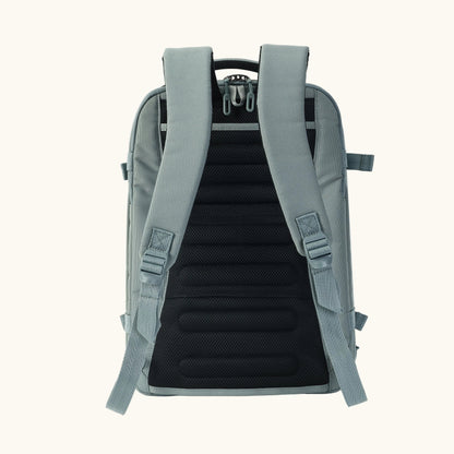 Backpack with light gray straps and black cushioning on a white background.