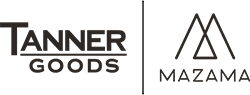 Tanner Goods logo on left, Mazama logo on right, both in black text on white background, separated by vertical line.