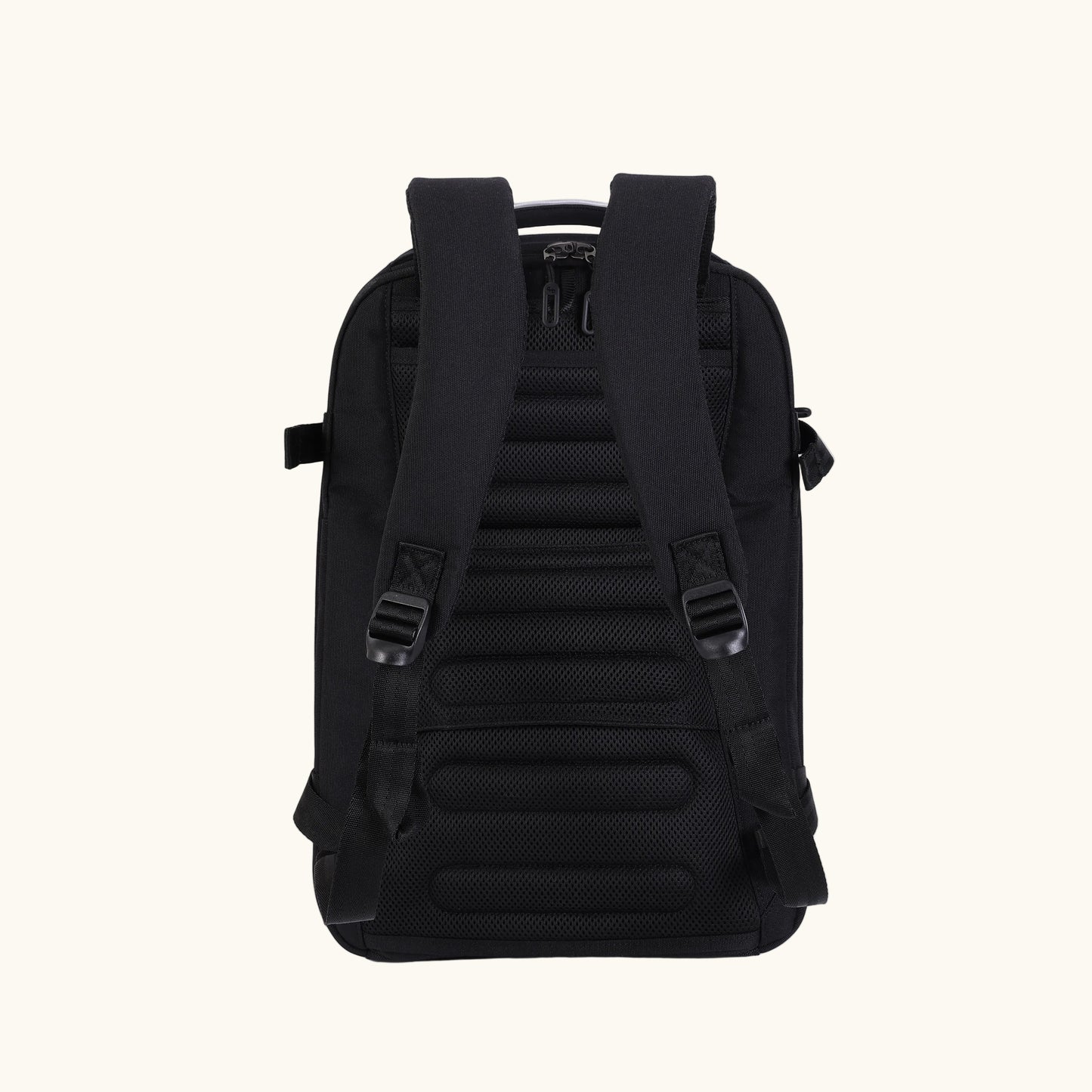 Black backpack shown from the back on a white background.