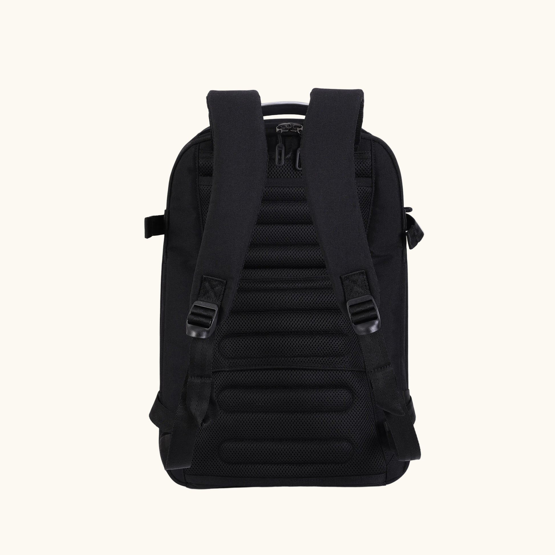 Black backpack shown from the back on a white background.