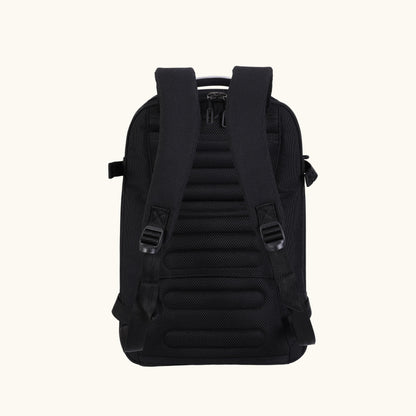 Black backpack shown from the back on a white background.