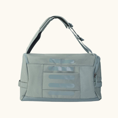 Gray shoulder bag with multiple compartments on a white background