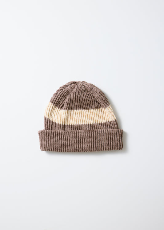 Cotton flax stripe beanie in mocha with a cream horizontal stripe and ribbed knit texture.