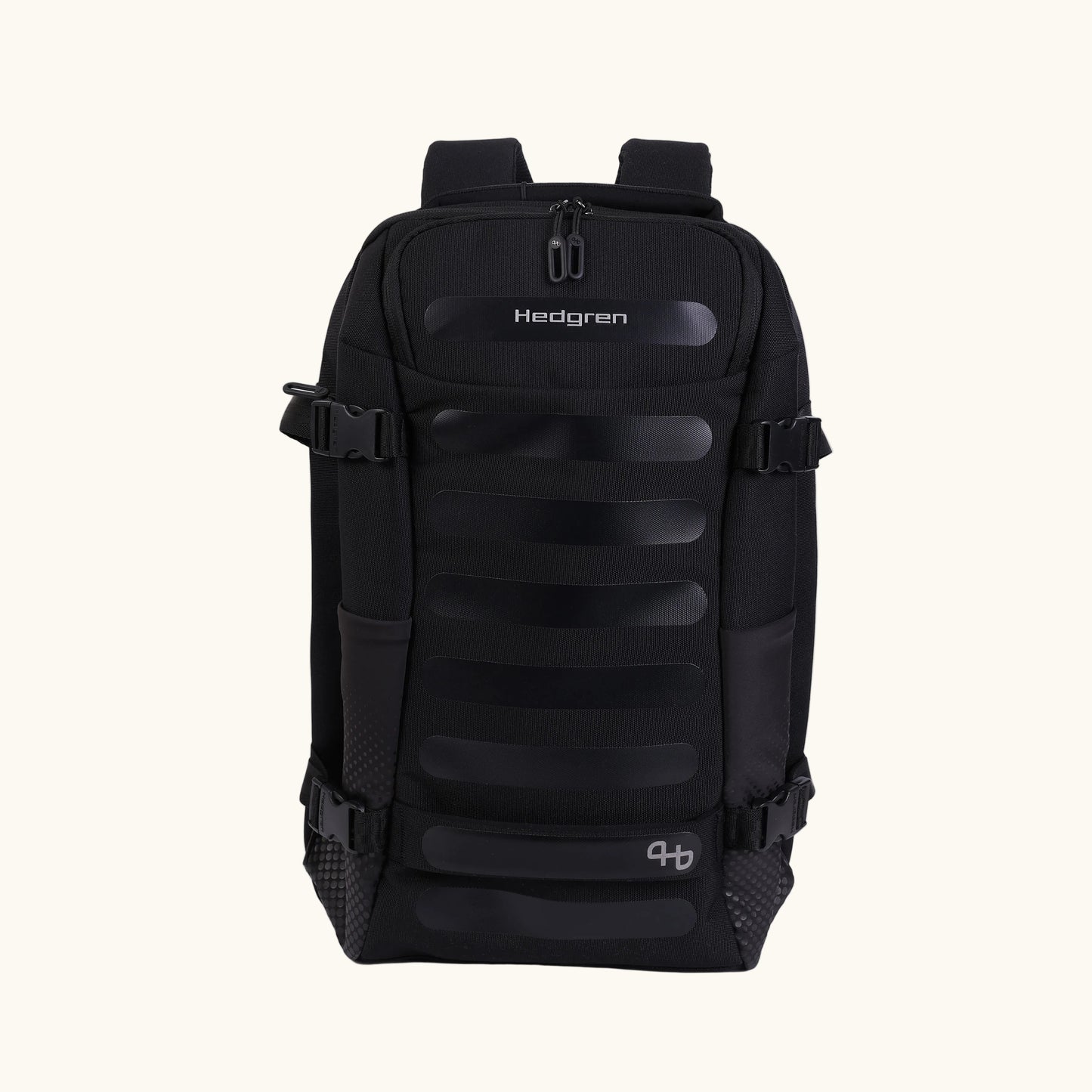 Black Hedgren Trip M backpack with multiple compartments and ergonomic back panel, featuring aRain cover with reflective print and a smart sleeve to attach to luggage handle.