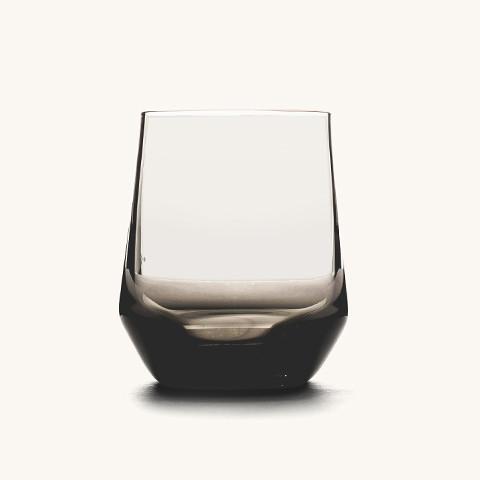 Stemless wine glass with a clear upper bowl and a dark, smoky faceted base.