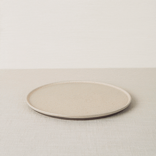 Speckled beige dinner plate with a dark brown rim, resting on a light linen surface.