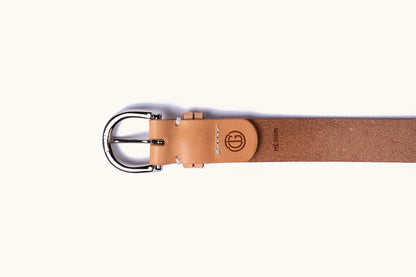 Natural leather belt with a silver buckle, debossed circular logo, and 'MEDIUM' text.