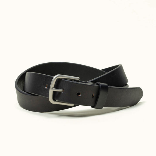 Black classic leather belt with a silver-toned metal buckle, coiled on a white background.