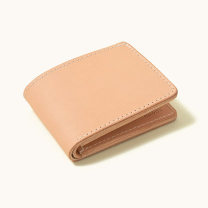 Natural leather bifold wallet with white contrast stitching and a 'GOODS' logo debossed on the front.