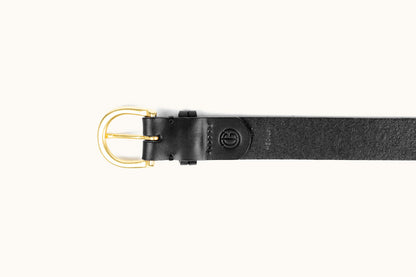 A black leather belt with a gold buckle, embossed circular logo, and "MERIDIAN" text.