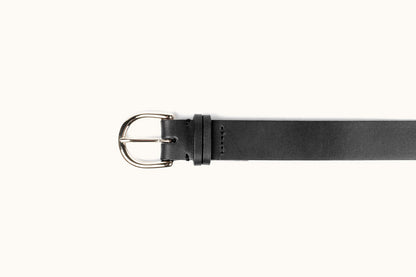 Black leather belt with a silver-tone D-ring buckle, styled horizontally on a white background.