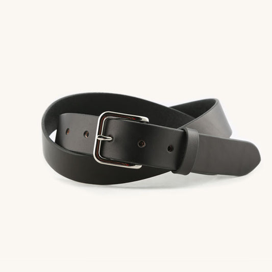 Black leather belt with a silver-toned rectangular buckle, coiled on a white background.