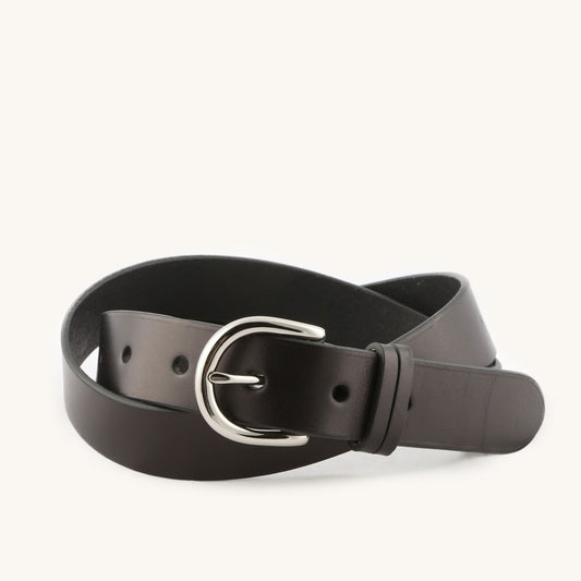 Black leather belt featuring a shiny silver-tone D-ring buckle and keeper loop, coiled.