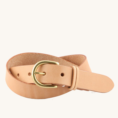 Natural leather Meridian belt with a brass buckle and keeper loop, coiled.