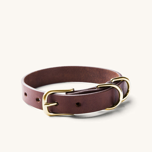 Classic canine collar in cognac leather with a brass buckle and two shiny D-rings.