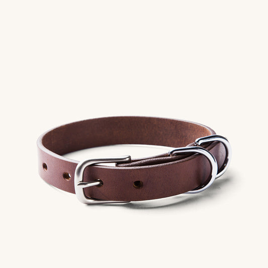 Classic cognac leather dog collar with a silver-tone buckle and two D-rings.